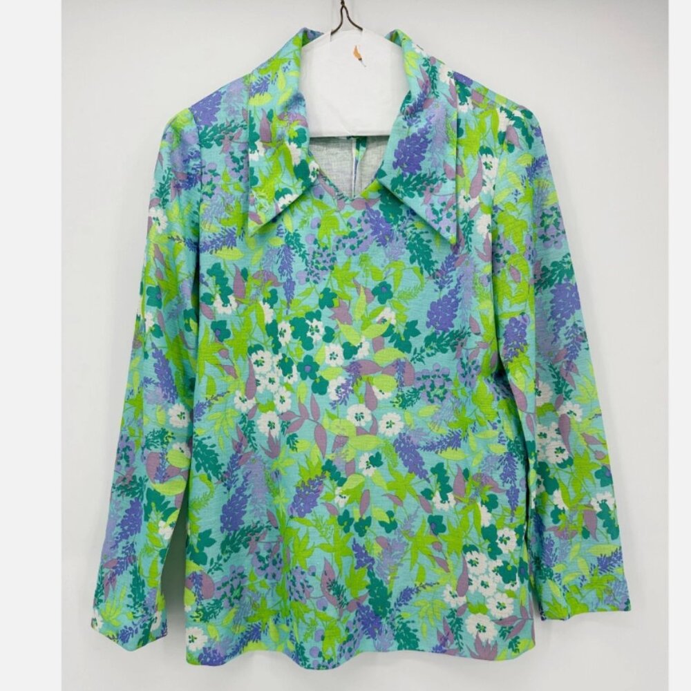 Retro Floral Polyester Pointed Collar Shirt LSV Green Blue Purple M - Picture 6 of 6
